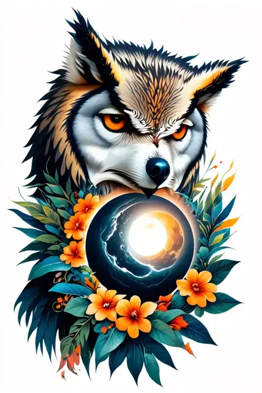 White wolf and hawaiian owl and eclipse lunar tattoo design idea