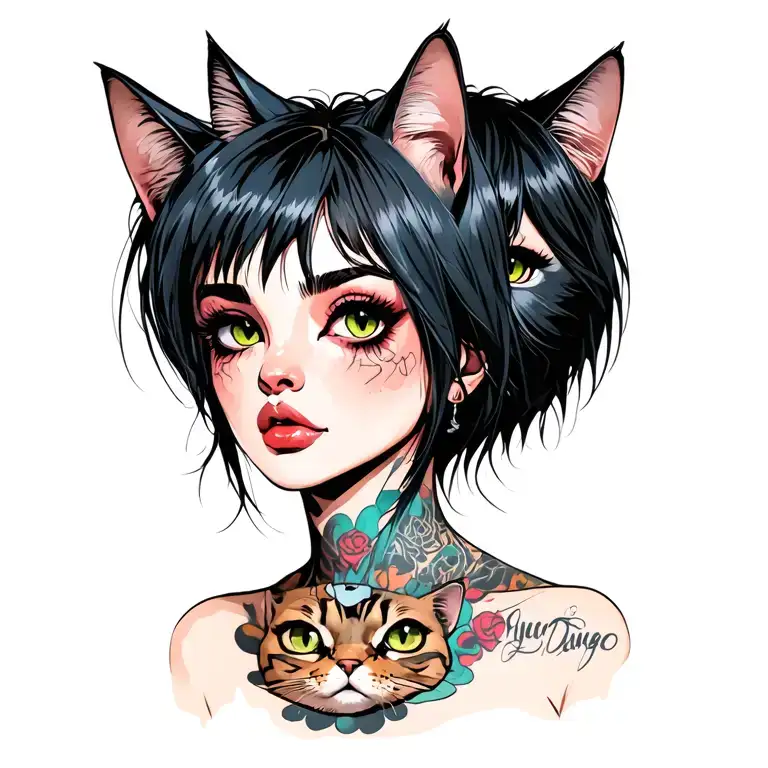 woman punk with gang of cats tattoo design idea