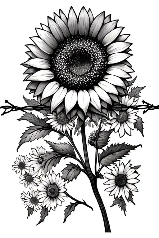 single sunflower in the middle with barbed wire going through and wildflowers weaved into barbed wire tattoo design idea