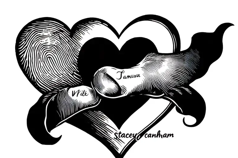 my thumb print and wife's thumb print as a heart with her name coming off the bottom of the heart Stacey canham  tattoo design idea