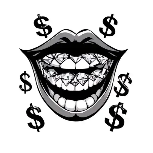 mouth and eyes, cunning smile, pupils in the form of diamonds, background - dollar badges tattoo design idea