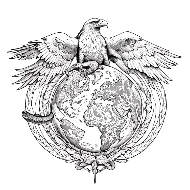 An eagle and a raven surrounding the planet Earth. And a snake in the center tattoo design idea