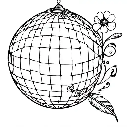 disco ball + small curled feather + forget me not flower tattoo design idea