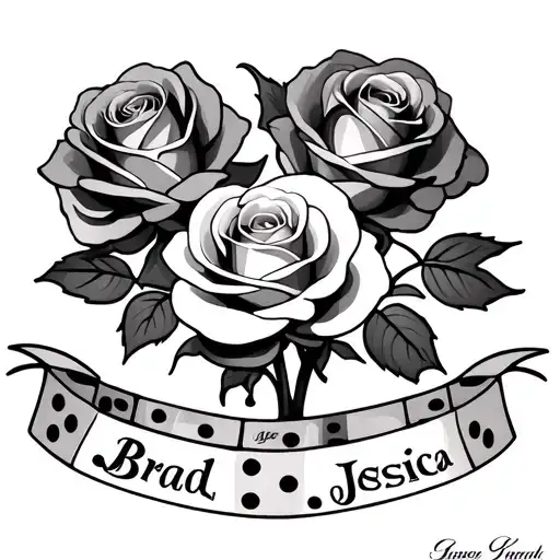 three rose on one stem, three dominos on the bottom scrolls under each rose saying Brad, Jessica, Jade tattoo design idea