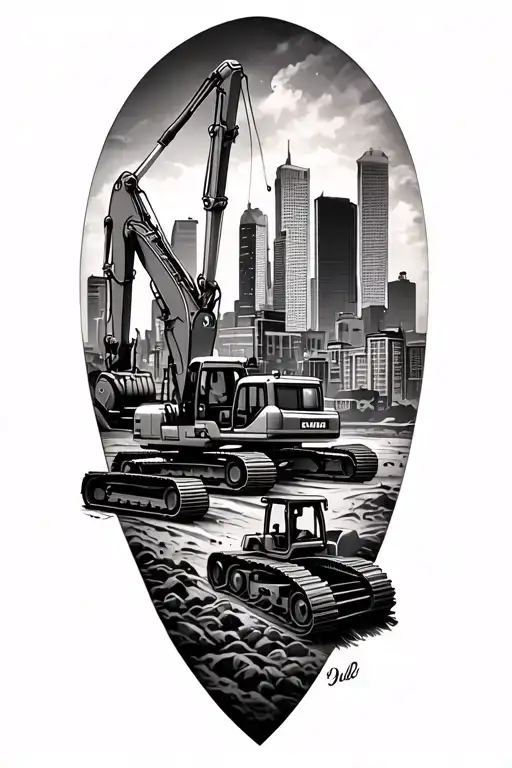 A sleeve tattoo depicting a city skyline with construction machines like excavators and tractors in the foreground tattoo design idea