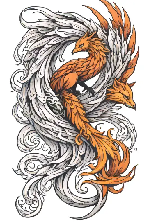 pheonix and a nine tail fox connected by tails  tattoo design idea