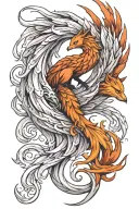pheonix and a nine tail fox connected by tails  tattoo design idea