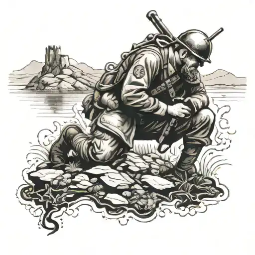 A detailed scene of an Irish landscape with a soldier kneeling in prayer, surrounded by symbols of their faith and military service tattoo design idea
