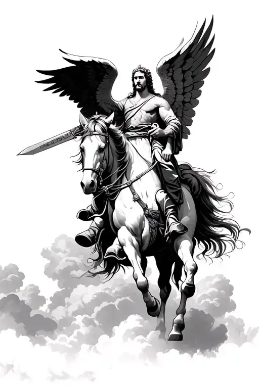 st Michael archangel with his sword flying on a horse with the clouds and sky behind him and his prayer  tattoo design idea