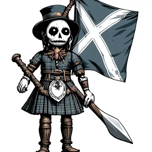 voodoo doll wearing a kilt carrying a scotland flagand a claymore tattoo design idea