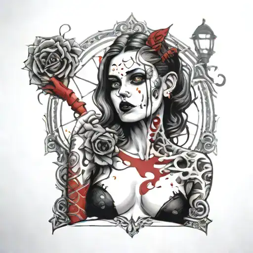 nude goth girl , red black grey tattoo , trashpolka , high detail, high quality , defined lines , long  tattoo design idea