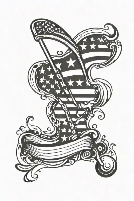A minimalist design of an American flag waving in the shape of a golf club tattoo design idea