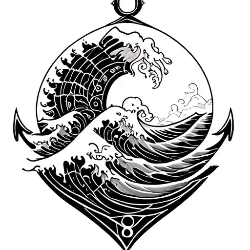 I want a blackwork geometric tattoo with polynesian wave patterns in a vertical layout. Anchor at the bottom, wave in th tattoo design idea