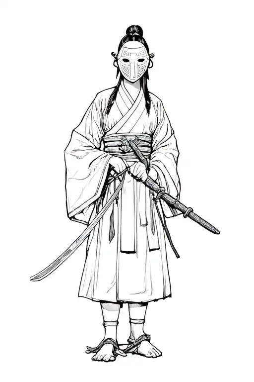 a girl in Japanese men samurai clothing stands upright,her mask removed in one hand,and with the other she holds a sword tattoo design idea