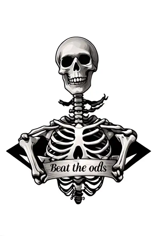 small skeleton tattoo on the chest with the words "Beat the odds" under the skeleton tattoo  tattoo design idea