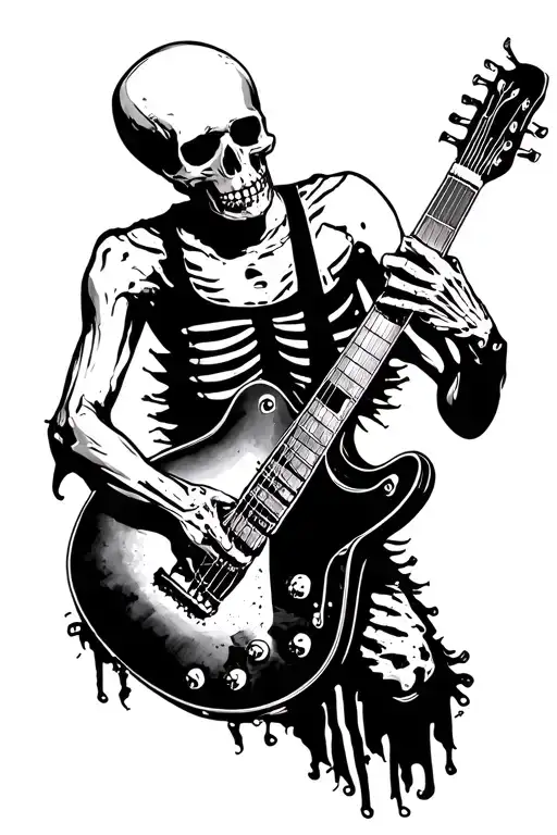 I need a Blackwork and sketch art style tattoo of a skeleton from the front, with a ripped tank top, playing a guitar tattoo design idea