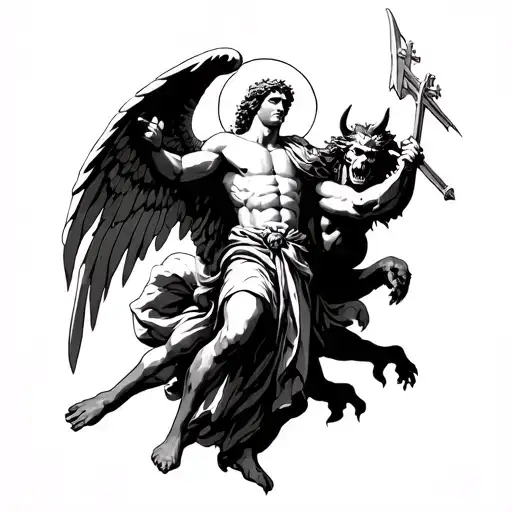 Saint Michael Slaying the Devil in a cathedral stained glass tattoo design idea