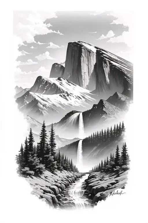 half dome below mt whitney  with waterfall and a trail leading up the middle tattoo design idea