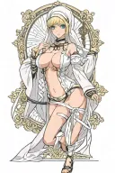 Sexy Nun, huge boobs,, wide hips, petite, revealing attire, seductive facial expressions, gold cross, Lingerie, sexual tattoo design idea