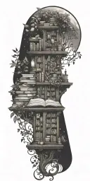 A fantasy-inspired tattoo of a magical library filled with floating books and glowing plants tattoo design idea