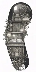 A fantasy-inspired tattoo of a magical library filled with floating books and glowing plants tattoo design idea