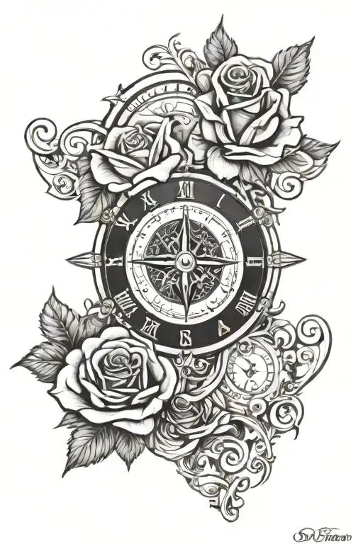 rose tattoo clock face compass rose surrounded tattoo design idea