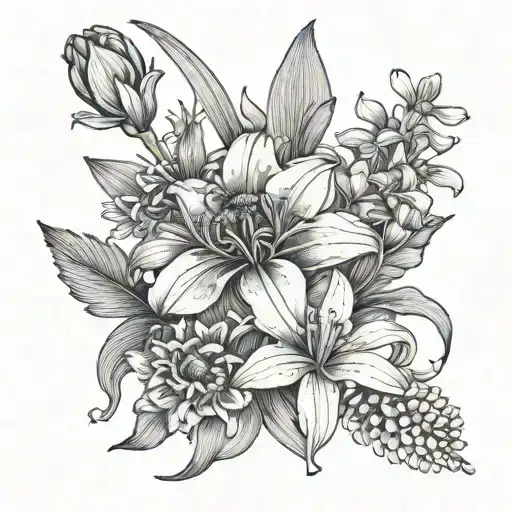 coneflower honeysuckle iris anemone bouquet  tattoo design idea