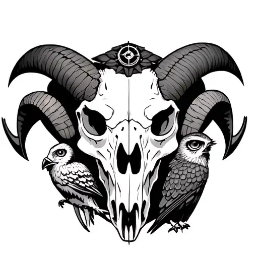 ram skull with an owl and a compas tattoo design idea