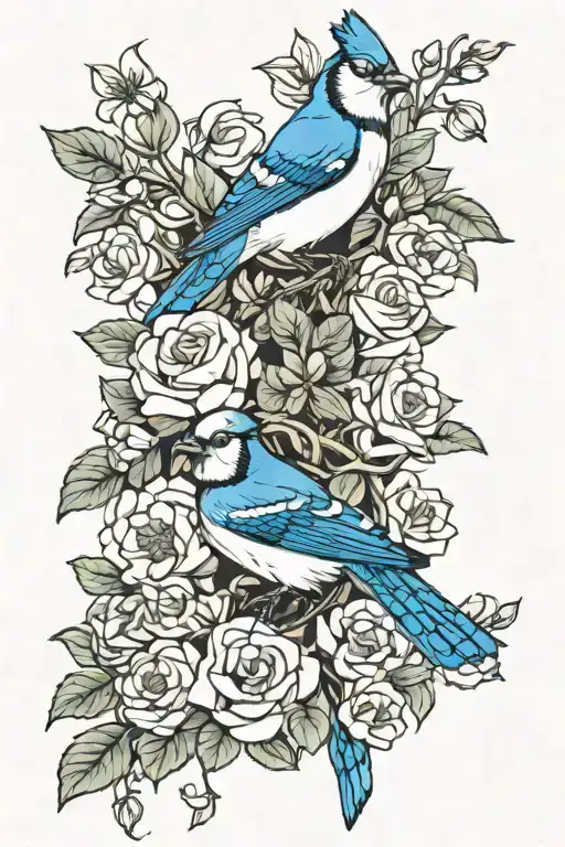 Jasmine flowers, roses intertwined, dad and son blue jay birds tattoo design idea