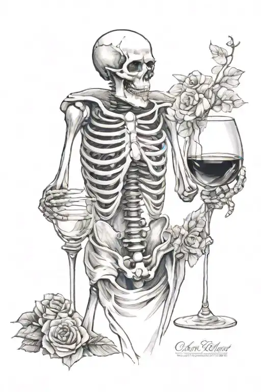 skeleton and wine glasses tattoo design idea