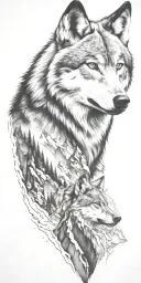 mountain range with wolf head tattoo design idea