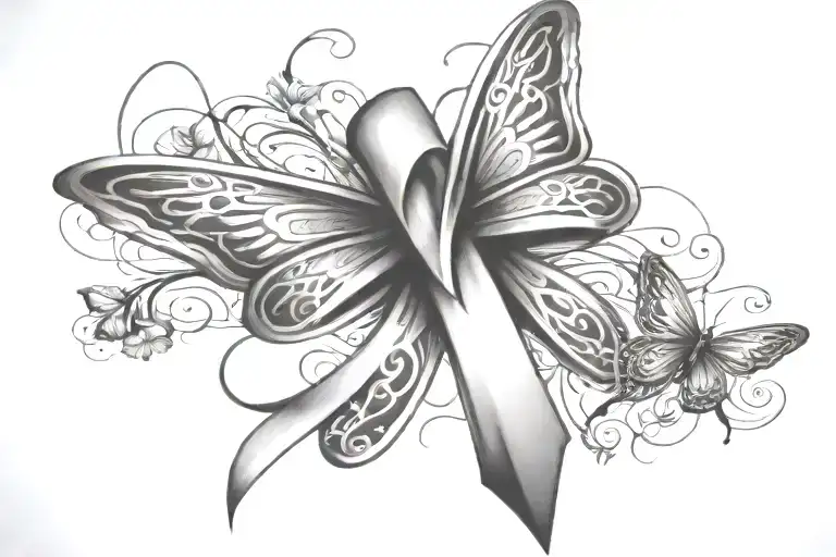 a cancer ribbon wrapped around a cross surrounded by a butterfly  tattoo design idea