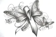 a cancer ribbon wrapped around a cross surrounded by a butterfly  tattoo design idea
