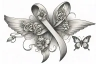 a cancer ribbon wrapped around a cross surrounded by a butterfly  tattoo design idea