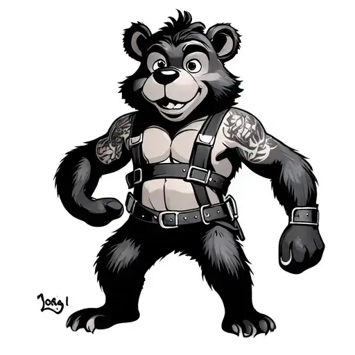 BooBoo cub from the cartoon Yogi Bear, wearing gay leather gear including a leather harness, leather vest, leather glove tattoo design idea