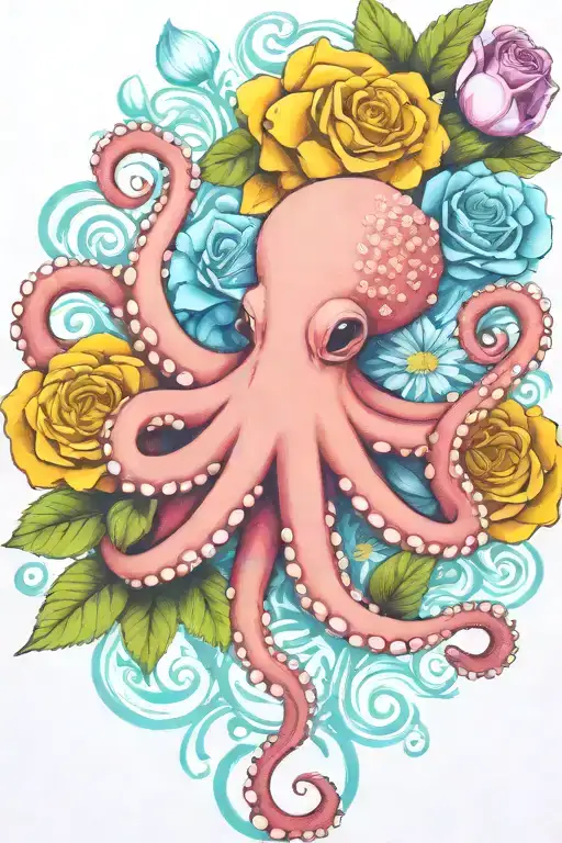 octopus, white snowdrop flower, rose,  marigold flower tattoo design idea