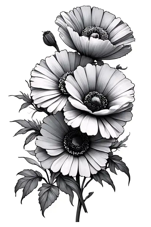 make me a full black and gray tattoo arm sleeve design that is fine line daisy flowers and poppy flowers tattoo design idea