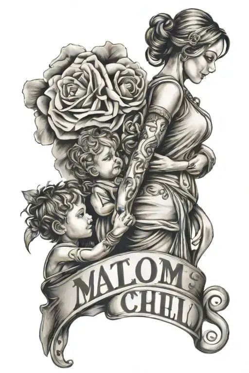 mother and child and name tattoo design idea