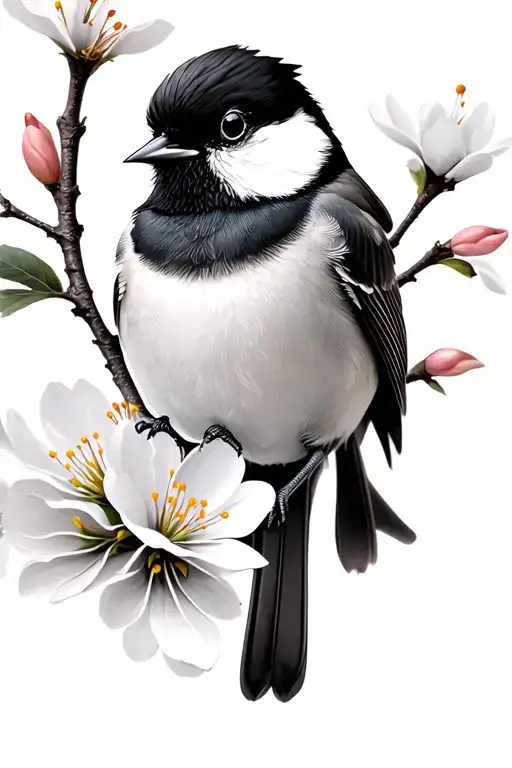 Black capped chickadee perched on a peach blossoms tattoo design idea