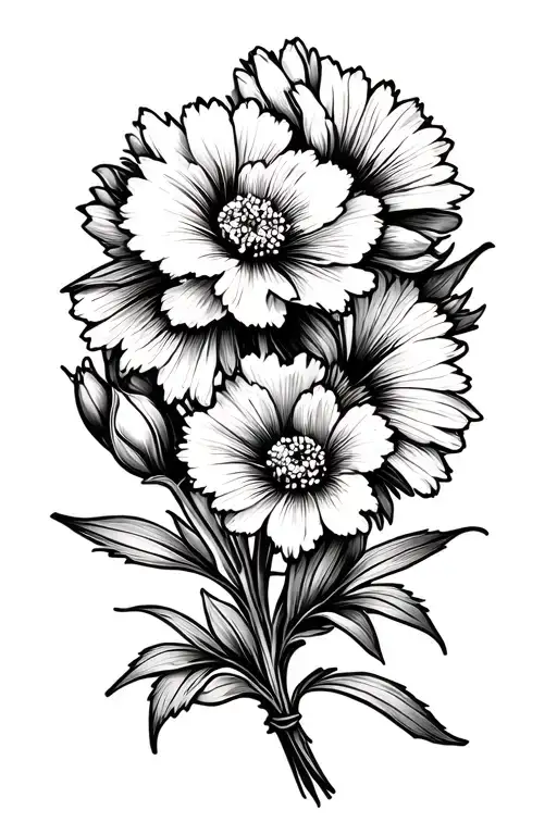 carnation flower, gladiolus flower.  aster flower, rope heart tattoo design idea