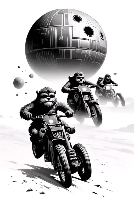starwars Ewok planet with Ewoks and bikes racing with death Star in sky tattoo design idea
