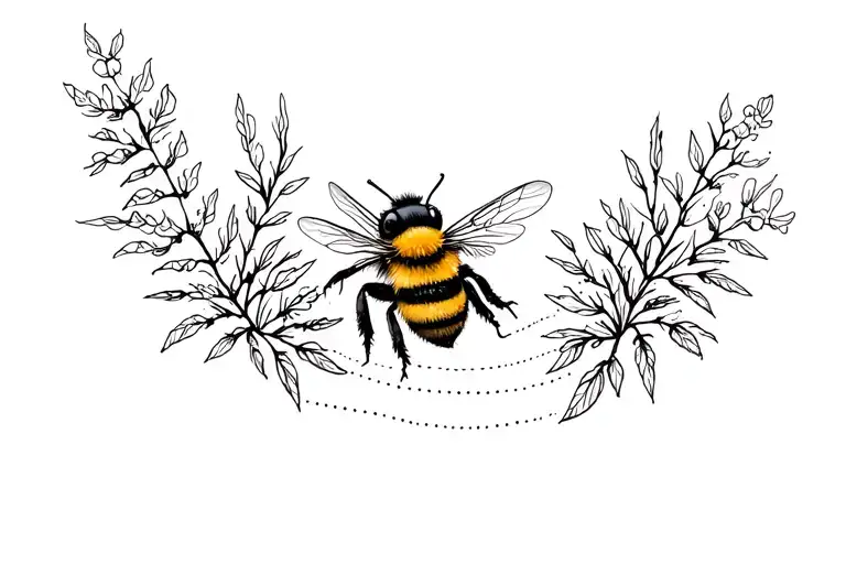 cute bumble bee with a dotted line trailing behind it surrounded by delicate plants tattoo design idea