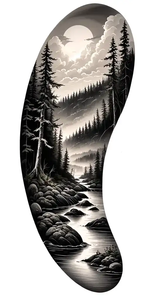 A black-grey tattoo of a river flowing through a forrest tattoo design idea