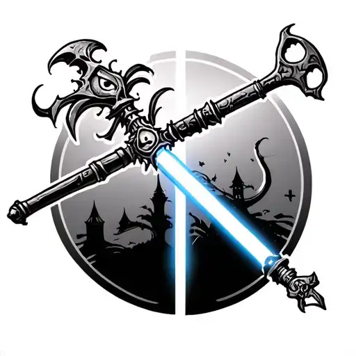 nightmare before christmas keyblade from kingdom hearts and a light saber from star wars crossed tattoo design idea