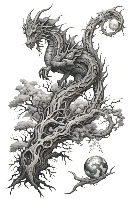 DRAGON night court solar system into tree roots into veins tattoo design idea