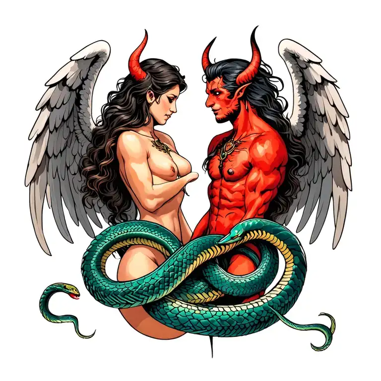 female angel and male devil looking at each other side while standing. Snake entwined  tattoo design idea