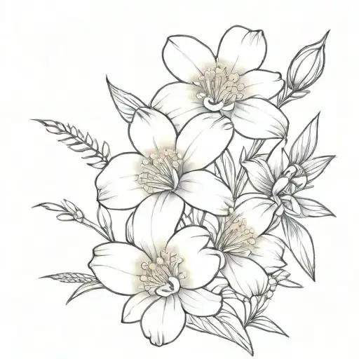  a small bouquet of asters, daffodils and orchid flowers tattoo design idea