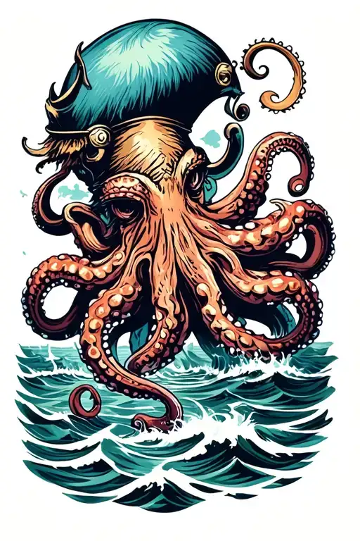 A huge octopus fighting Vikings on the shores of the Scandinavian Sea tattoo design idea