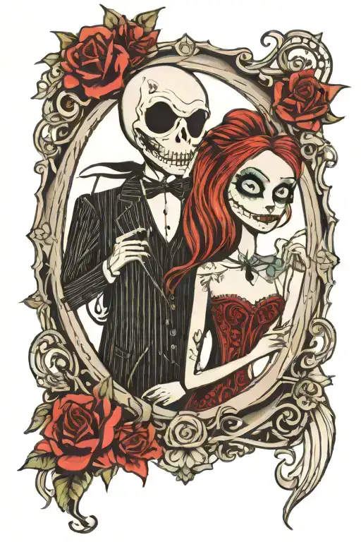 Jack and Sally in an oval vintage frame tattoo design idea
