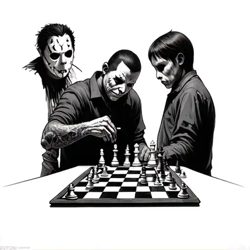Micheal Myers's playing chess with Jason Then in the background Freddy Kruger standing between them inspecting the game tattoo design idea